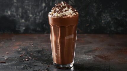 Chocolate milkshake topped with whipped cream and chocolate shavings