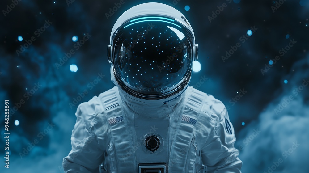 Aufkleber astronaut in a luminous space setting, surrounded by glowing cosmic particles and deep space atmosph