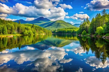 Serene summer landscape features a calm mountain lake surrounded by lush green forests, reflecting the majestic mountains and blue sky in New Hampshire.