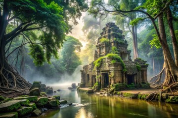 Majestic ancient temple ruins emerge from lush foliage, surrounded by twisted vines and mist-shrouded trees, alongside a serene emerald river in the heart of the jungle.