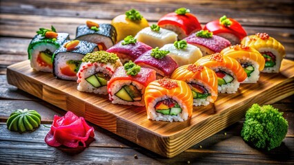 Vibrant, artistically arranged sushi varieties on a rustic wooden board, popping with color against a transparent background, perfect for culinary and food-related designs.