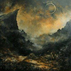 moon and clouds with gothic mountains 
