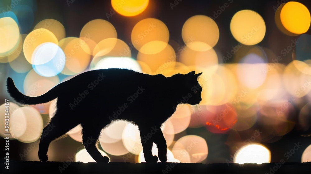 Poster a silhouette of a cat walking against a background of bokeh lights, creating a mysterious and enchan