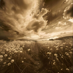 sephia black white field and sky