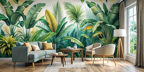 Fototapeta premium Vibrant mural art featuring soft-colored tropical leaves and banana plants creates a serene and exotic interior decor for a relaxed and calming atmosphere.
