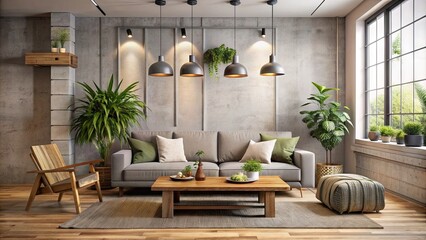 Modern minimalist living room with creamy walls, plush gray sofa, and reclaimed wood coffee table, accented with potted greenery and industrial lighting fixtures.