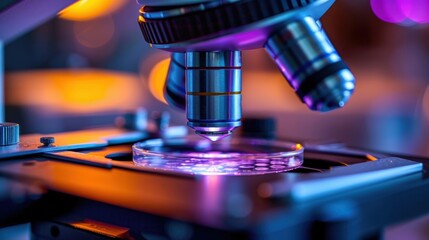 A detailed view of a microscope lens focusing on a petri dish in a laboratory setting, illuminated by colorful lights.