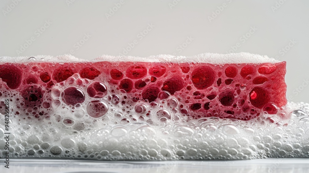 Poster a close-up view of a red sponge with soapy bubbles, highlighting its porous texture and cleanliness.
