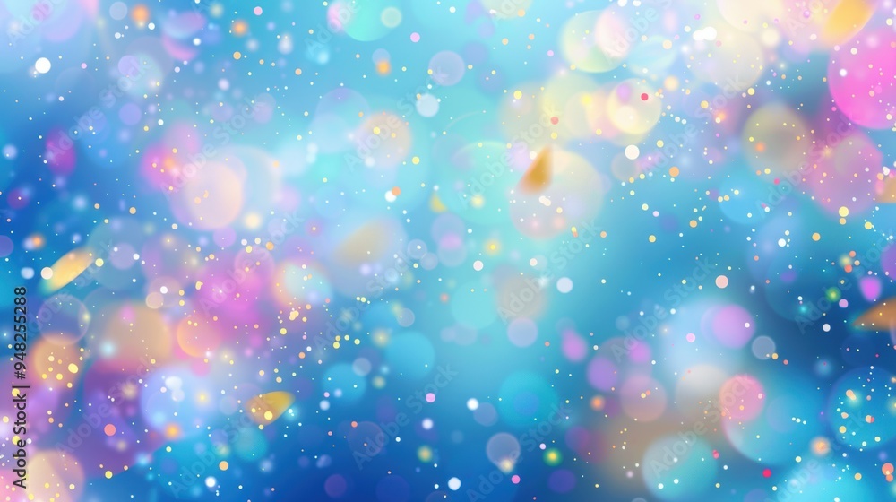 Poster a soft and dreamy bokeh effect with colorful light particles on a blue gradient background, creating