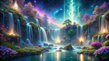 Fototapeta premium Mystical 3D fantasy realm unfolds with iridescent waterfalls, luminous flora, and shimmering mist, transporting viewers to an ethereal world of wonder and magic.