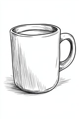 Hand drawn sketch of a white coffee mug with a handle.
