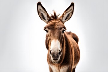 A friendly brown donkey with large ears standing on a white background, AI generated