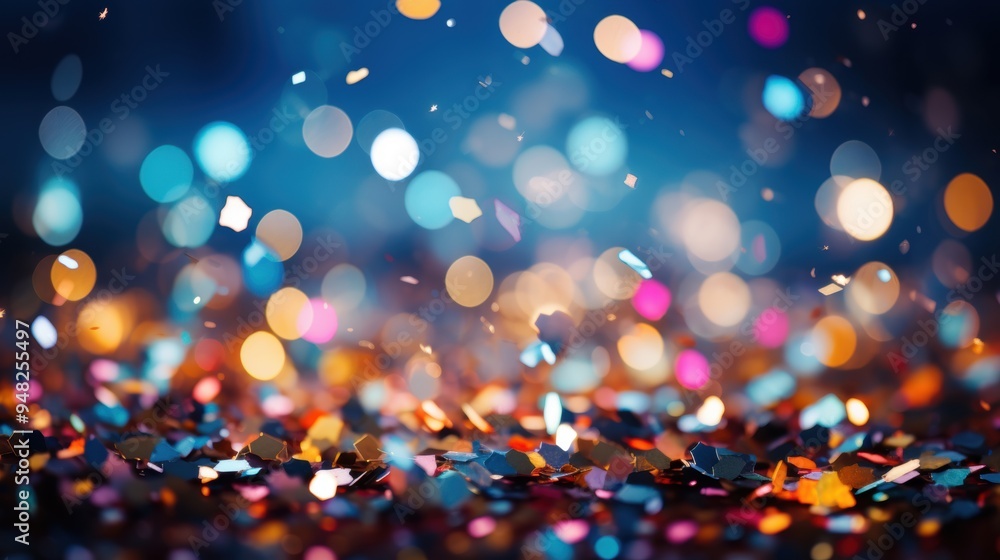 Poster vibrant colorful confetti falling against a backdrop of bokeh lights, creating a festive and lively 