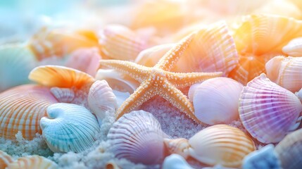 Vibrant collection of colorful seashells and starfish, bright pastel hues, rainbow assortment of scallops, conches, and sand dollars, soft iridescent textures, beach theme.