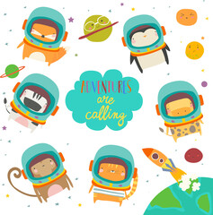 Cute animals in space. Funny animals wearing space suits