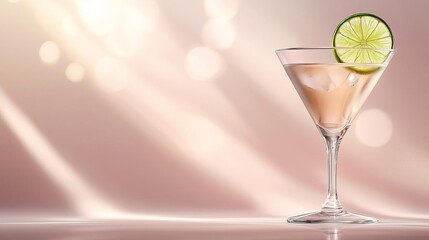 A cosmopolitan cocktail with a lime wheel garnish and soft light reflections, on a gradient of pale pink and silver, chic, modern, sleek, large negative space for text