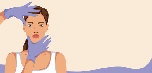 Woman getting massage and beauty treatments. Facelift. Advertisement for beauty studio and spa. Vector template with place for text for website, banner, posters, cover