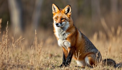Fototapeta premium A fox sits in an autumn field, surrounded by tall, dry grass.