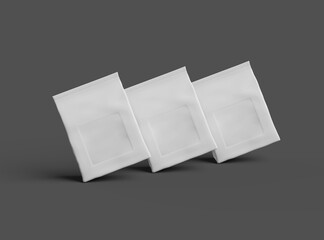 Render of a glossy sealed doypack package with window hole on dark background