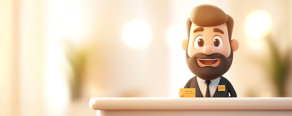 Cheerful cartoon character at a reception desk welcoming clients with a friendly smile in a bright, modern environment.