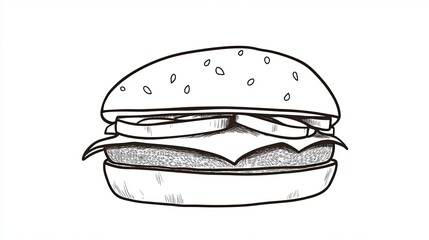 Fototapeta premium A simple line drawing of a cheeseburger with lettuce and onion.