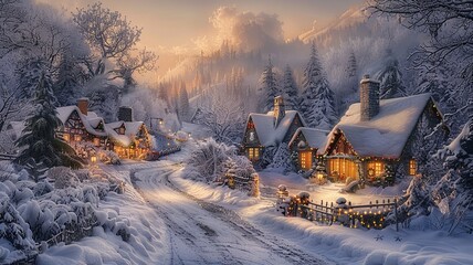 This serene winter scene depicts a quaint village with charming cottages decorated with Christmas lights, snow gently falling, and smoke rising from chimneys, framed by snow-covered mountains.