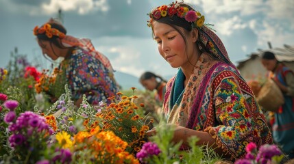 Woman in Traditional Clothing with Floral Headband Surrounded by Flowers