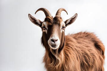 Fototapeta premium A friendly brown goat with a small beard standing on a white background, AI generated