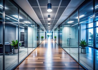 Fototapeta premium Sleek modern office with a long, well-lit corridor and blurred background rooms, perfect for corporate presentations, wallpapers, and backdrops conveying professionalism and sophistication.