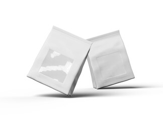 Render of a glossy sealed doypack package with window hole on transparent background