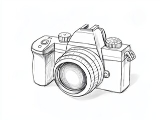 Hand-drawn illustration of a vintage film camera with a lens, dials, and strap.