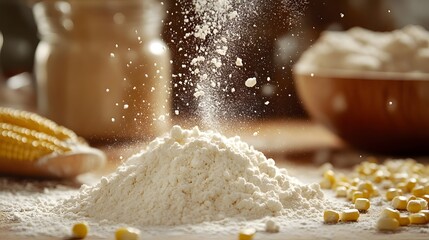 White corn flour sprinkling, macro shot, flour cloud, baking ingredients, powdery texture, action shot, soft lighting, kitchen setting, culinary photography.