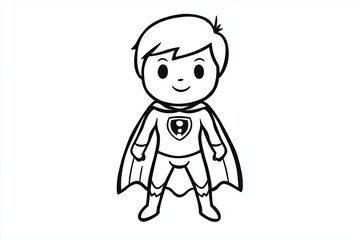 A simple line drawing of a boy dressed as a superhero.