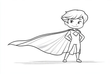 A simple line drawing of a child dressed as a superhero with a cape.