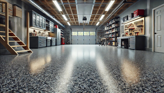 Full Flake Floor Coating System Garage. Decorative Flakes Polyaspartics Coatings. Color flake flooring textured background .Close up.Color Flakes make resinous flooring as beautiful as it is practical