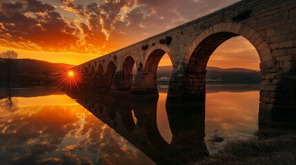 Image of a stone bridge as the sun sets behind the horizon.