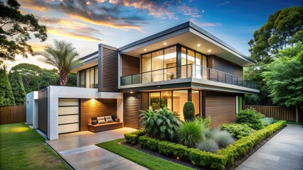 Fototapeta premium Sleek modern home with sleek air conditioning unit blends seamlessly into lush green surroundings, showcasing perfect harmony of energy-efficient living and nature.