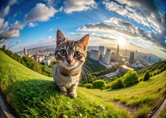 Obraz premium Adorable kitten sits alone on a lush green hill overlooking a majestic city skyline, snapping a playful selfie with a unique fisheye lens perspective.