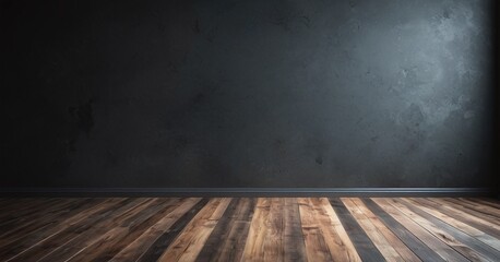 Empty wooden floor in front of   a dark gray wall mockup