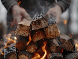 Fototapeta premium Firewood chopping showcases the authentic, tactile experience of getting wood ready for a cozy evening by the fire.