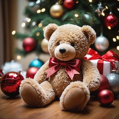 a teddy bear  sitting beside a fireplace with stockings hanging, Christmas ornaments scattered around