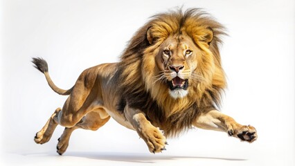 Obraz premium Powerful adult male lion jumps with open mouth, showcasing fierce strength and agility, set against a clean white background, emphasizing majestic silhouette.