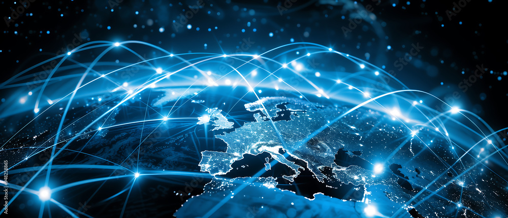 Poster a global communication network spanning across the world, the interconnected of global data exchange