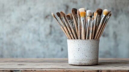 An artistic arrangement of various paintbrushes, organized neatly inside a speckled white ceramic pot set against a textured gray background.