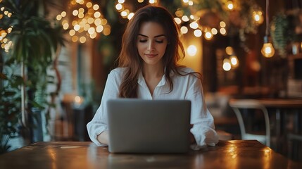 Woman in white shirt, online shopping, bright lighting, laptop on wooden table, credit card in hand, e-commerce, cafe setting, modern lifestyle, digital payment.