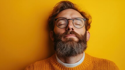 Bearded man wearing glasses and a yellow sweater, resting with his eyes closed against a yellow background, emitting a sense of peace and stillness.