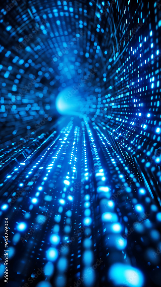 Poster abstract image of a digital tunnel illuminated by blue light effects, data flow and advanced technol