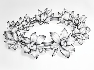Hand drawn monochrome floral wreath of delicate lotus flowers in a circular shape, isolated on a white background.