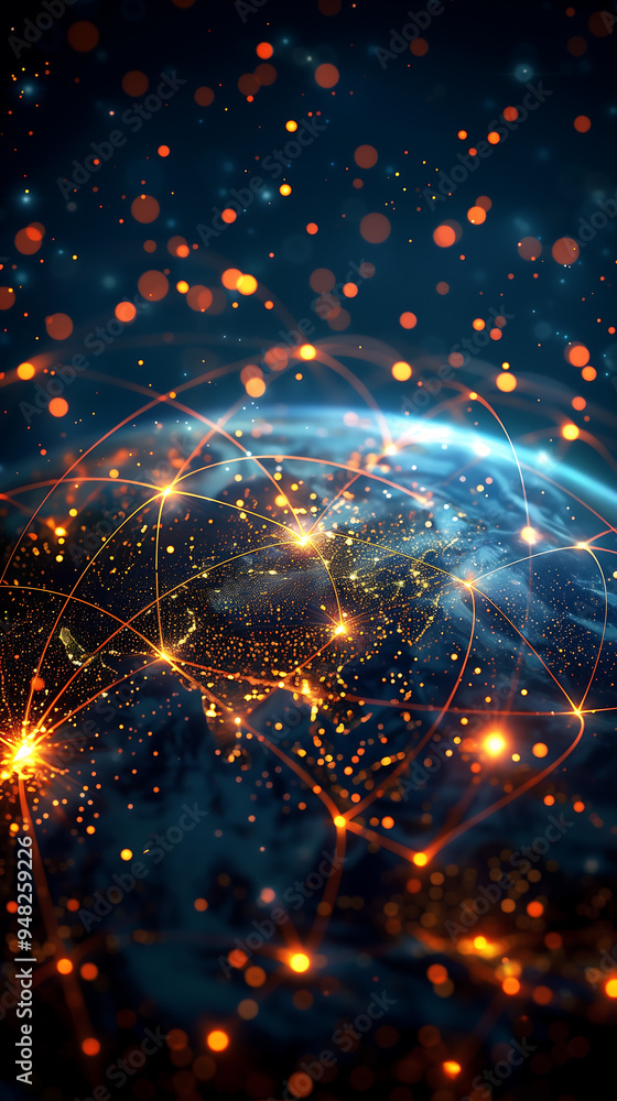 Aufkleber a visualization of global network connections, featuring glowing orange nodes and lines over a dark 