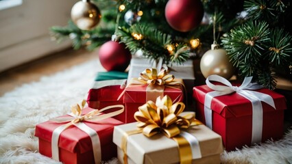 close up of a collection of gift boxes under the christmas tree